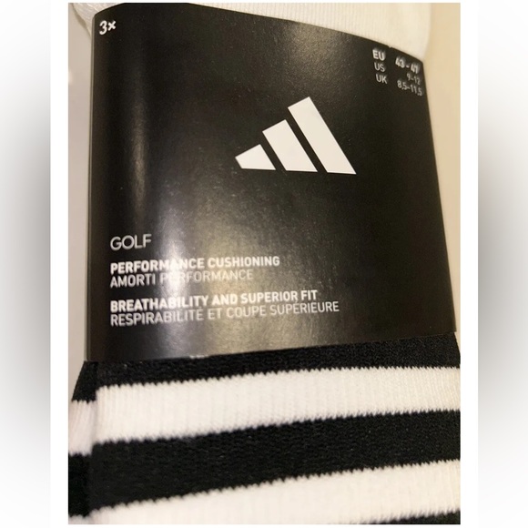 Adidas Golf Crew Socks 3 Pair Men 9-12 White Black 3 Stripe & Logo Cushioned NEW - Picture 7 of 11